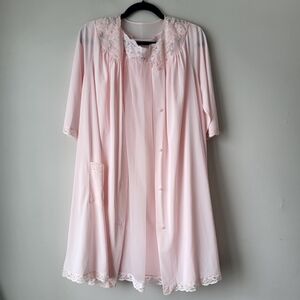 Elegant Pink Lace Trim Nightgown And Housecoat